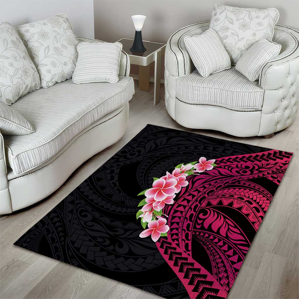 Hawaiian Tropical Plumeria Art Polynesian Tattoo Area Rug Black and Bright Pink Color