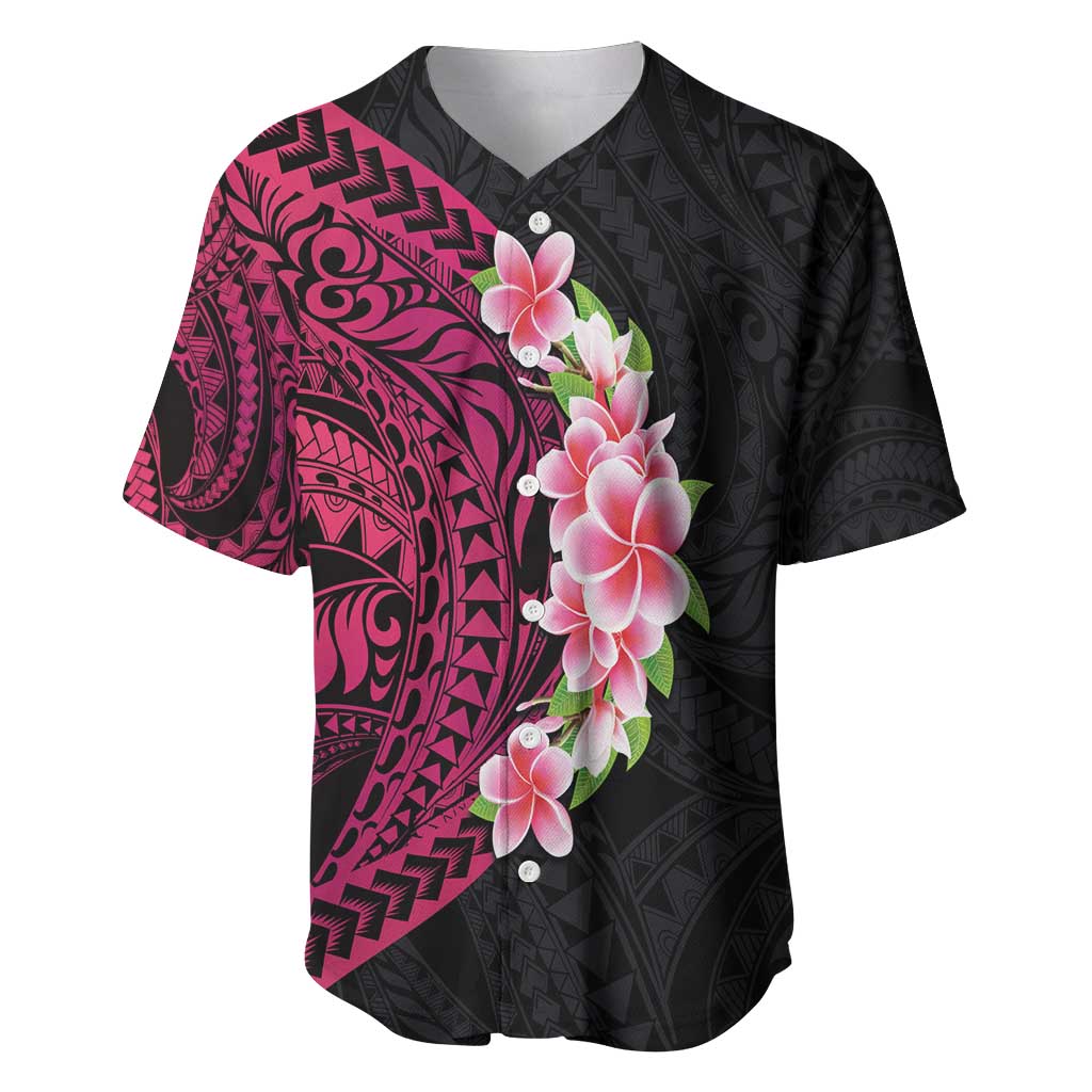 Hawaiian Tropical Plumeria Art Polynesian Tattoo Baseball Jersey Black and Bright Pink Color LT03 Pink - Polynesian Pride