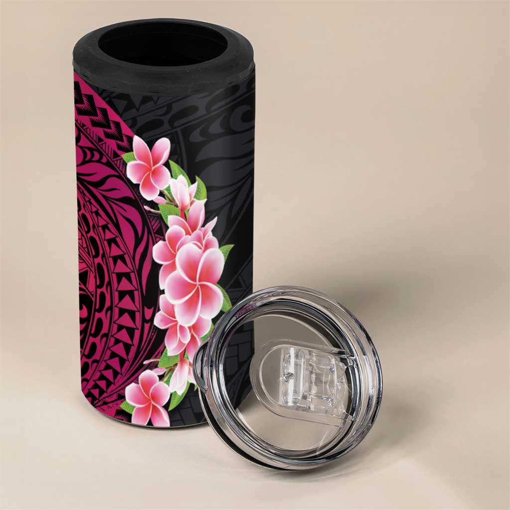 Hawaiian Tropical Plumeria Art Polynesian Tattoo 4 in 1 Can Cooler Tumbler Black and Bright Pink Color