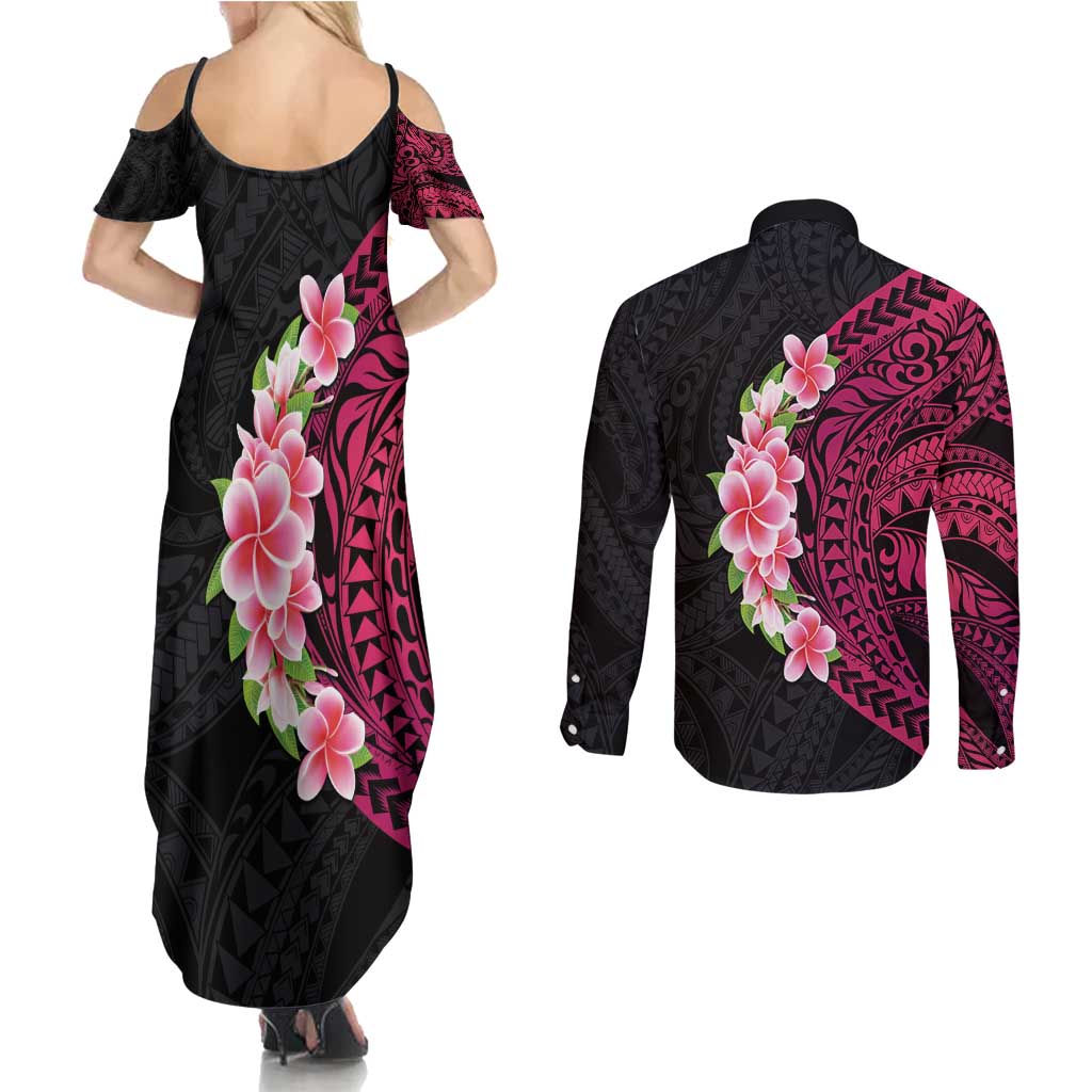 Hawaiian Tropical Plumeria Art Polynesian Tattoo Couples Matching Summer Maxi Dress and Long Sleeve Button Shirt Black and Bright Pink Color