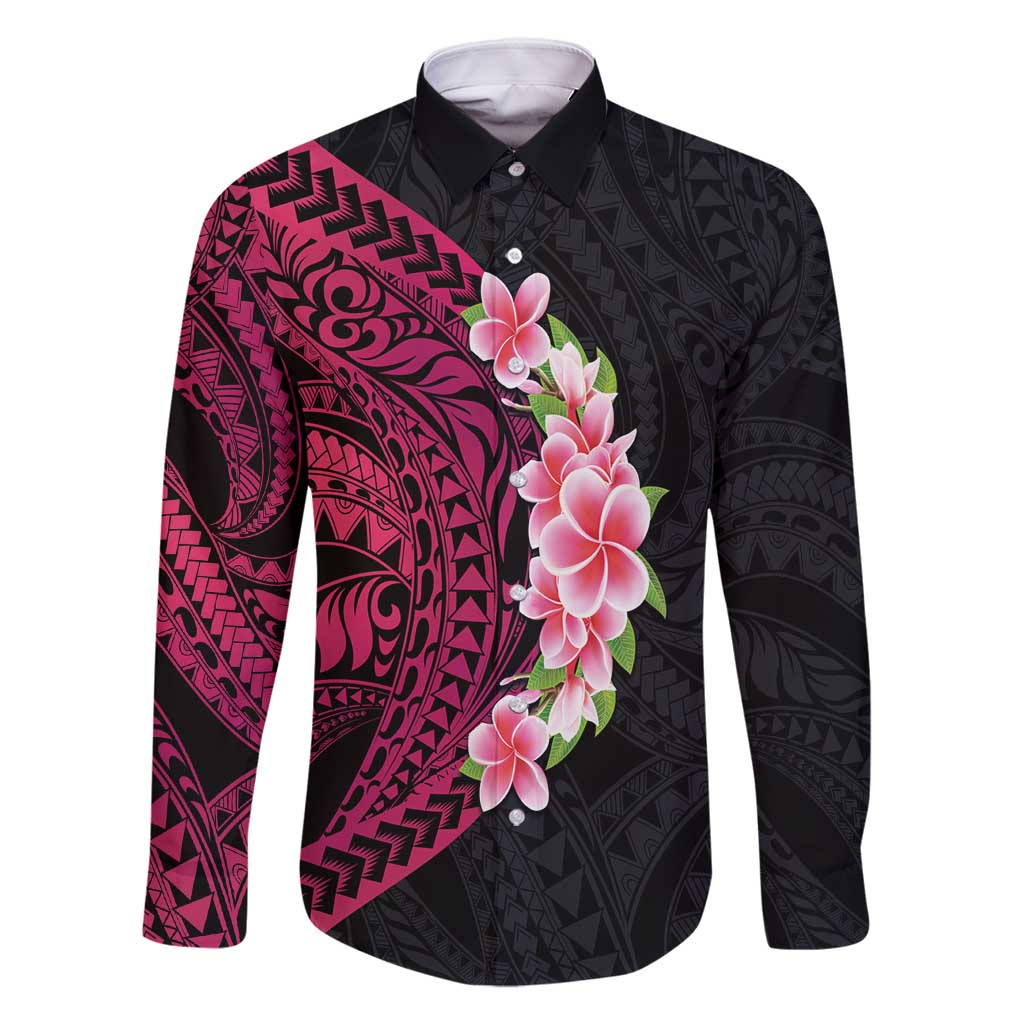 Hawaiian Tropical Plumeria Art Polynesian Tattoo Family Matching Long Sleeve Bodycon Dress and Hawaiian Shirt Black and Bright Pink Color