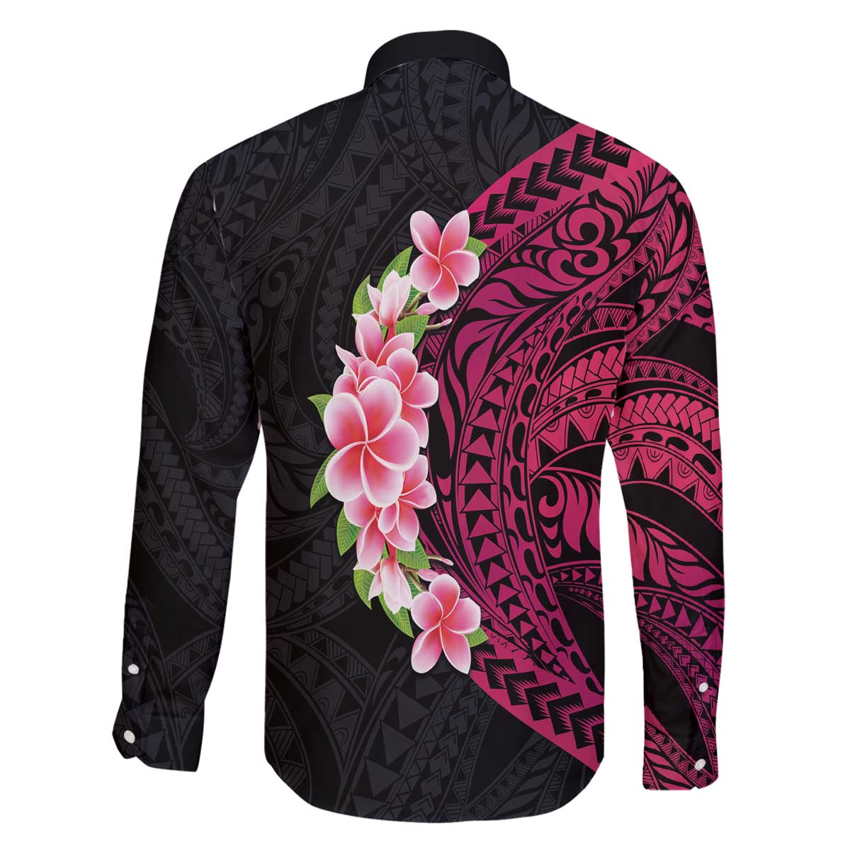 Hawaiian Tropical Plumeria Art Polynesian Tattoo Family Matching Off The Shoulder Long Sleeve Dress and Hawaiian Shirt Black and Bright Pink Color