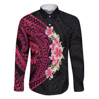 Hawaiian Tropical Plumeria Art Polynesian Tattoo Family Matching Short Sleeve Bodycon Dress and Hawaiian Shirt Black and Bright Pink Color