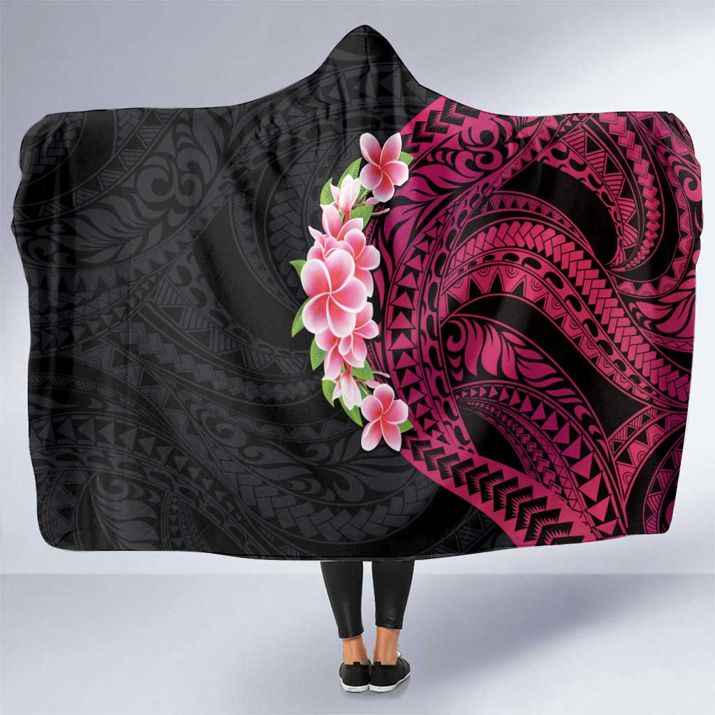 Hawaiian Tropical Plumeria Art Polynesian Tattoo Hooded Blanket Black and Bright Pink Color LT03 One Size Pink - Polynesian Pride