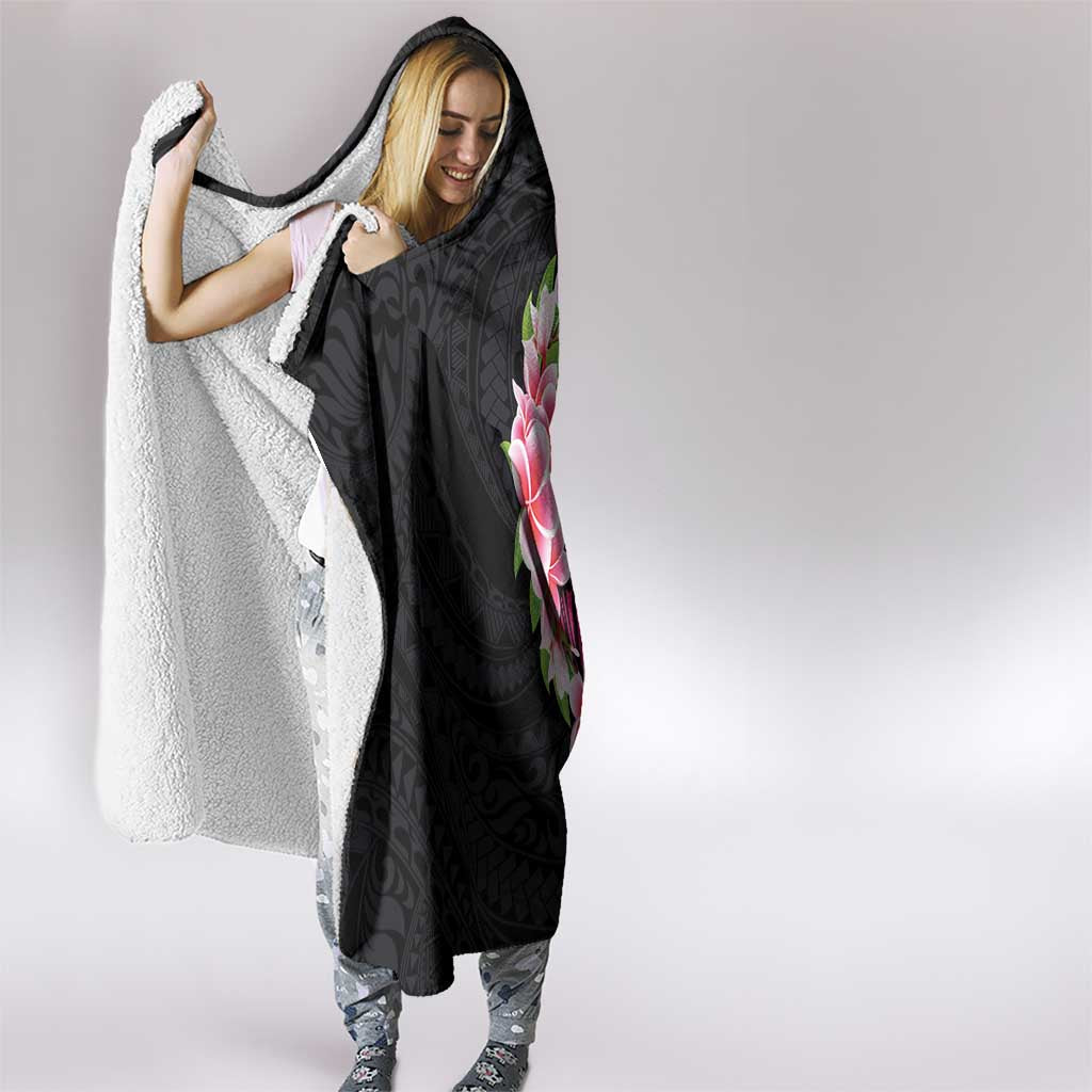 Hawaiian Tropical Plumeria Art Polynesian Tattoo Hooded Blanket Black and Bright Pink Color
