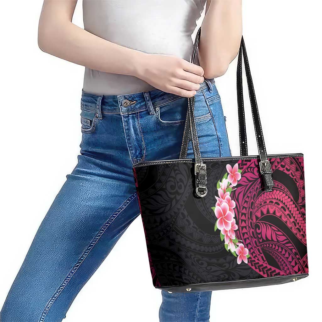 Hawaiian Tropical Plumeria Art Polynesian Tattoo Leather Tote Bag Black and Bright Pink Color