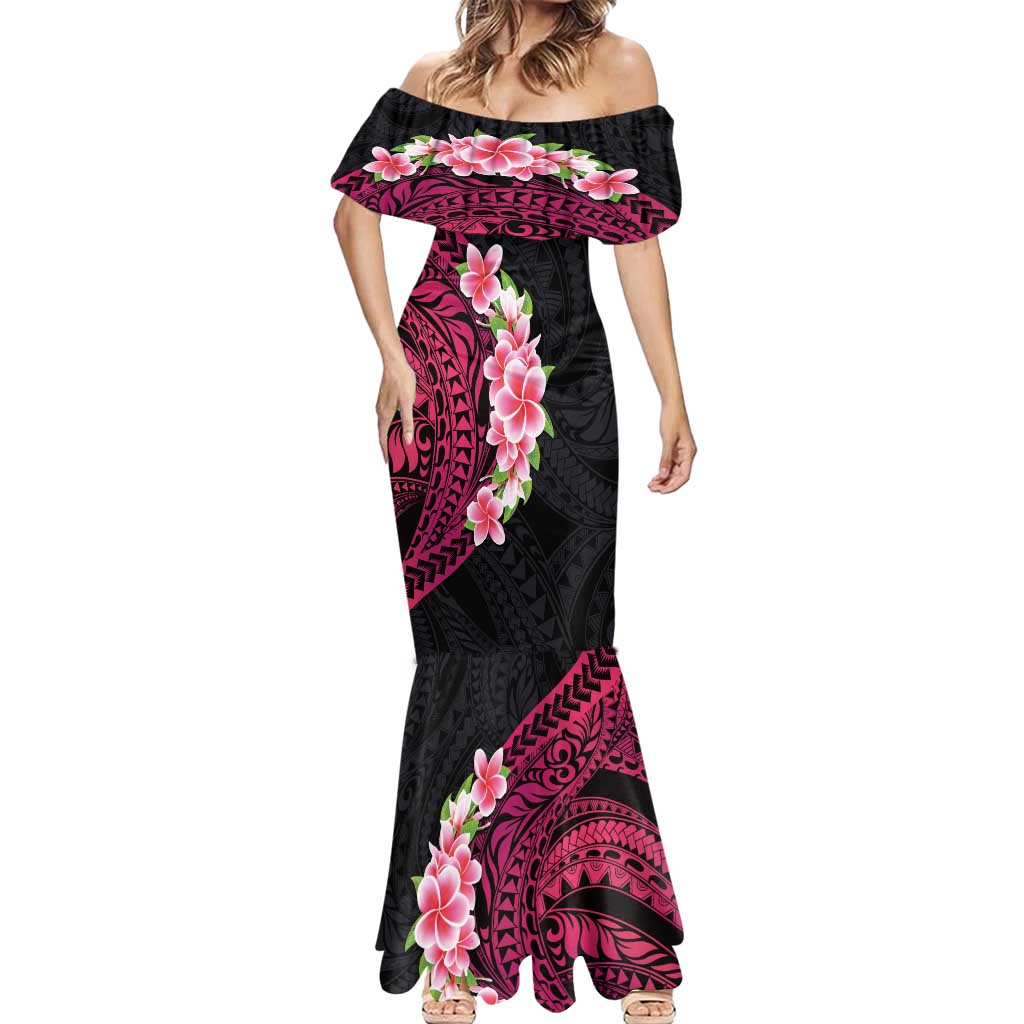 Hawaiian Tropical Plumeria Art Polynesian Tattoo Mermaid Dress Black and Bright Pink Color