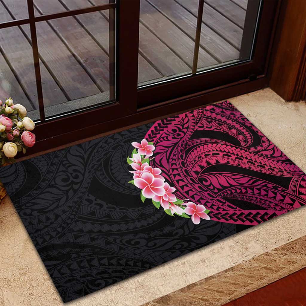 Hawaiian Tropical Plumeria Art Polynesian Tattoo Rubber Doormat Black and Bright Pink Color LT03 - Polynesian Pride