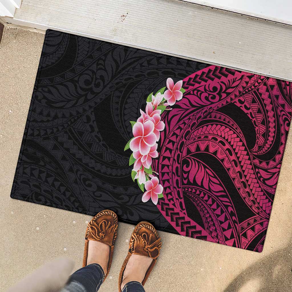 Hawaiian Tropical Plumeria Art Polynesian Tattoo Rubber Doormat Black and Bright Pink Color LT03 - Polynesian Pride