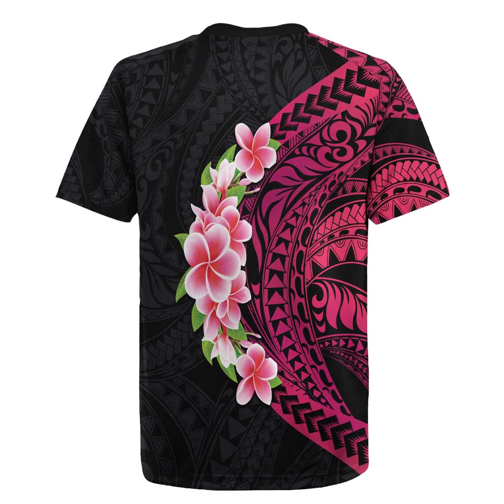 Hawaiian Tropical Plumeria Art Polynesian Tattoo Rugby Jersey Black and Bright Pink Color