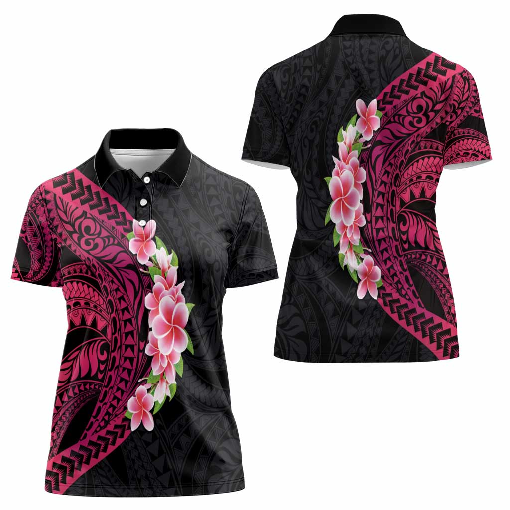 Hawaiian Tropical Plumeria Art Polynesian Tattoo Women Polo Shirt Black and Bright Pink Color
