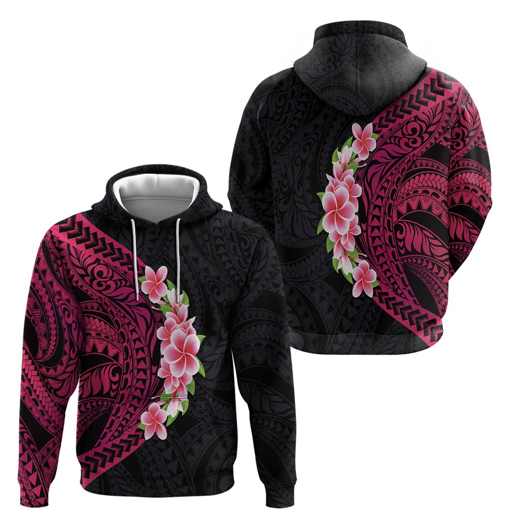 Hawaiian Tropical Plumeria Art Polynesian Tattoo Zip Hoodie Black and Bright Pink Color