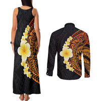 Hawaiian Tropical Plumeria Art Polynesian Tattoo Couples Matching Tank Maxi Dress and Long Sleeve Button Shirt Black and Autumn Color Theme