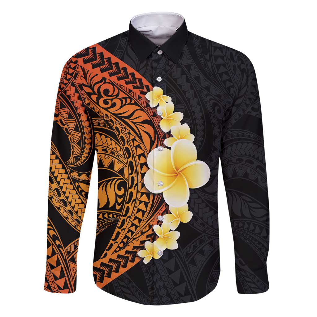 Hawaiian Tropical Plumeria Art Polynesian Tattoo Family Matching Short Sleeve Bodycon Dress and Hawaiian Shirt Black and Autumn Color Theme