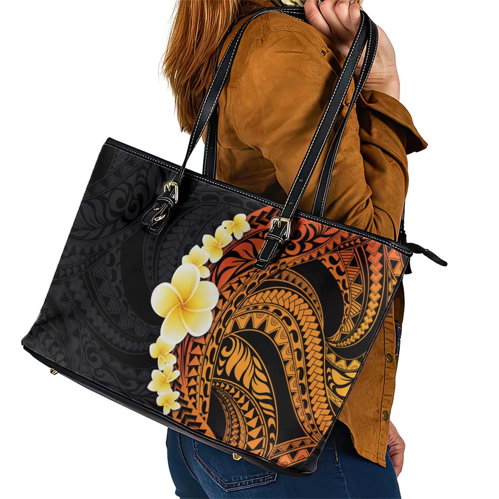Hawaiian Tropical Plumeria Art Polynesian Tattoo Leather Tote Bag Black and Autumn Color Theme