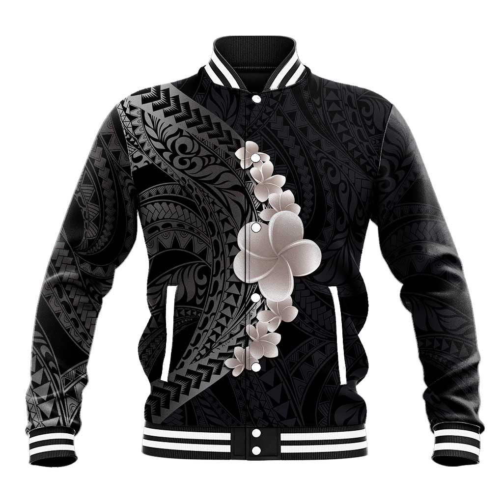 Hawaiian Tropical Plumeria Art Polynesian Tattoo Baseball Jacket Grayscale Color LT03 Unisex Black - Polynesian Pride