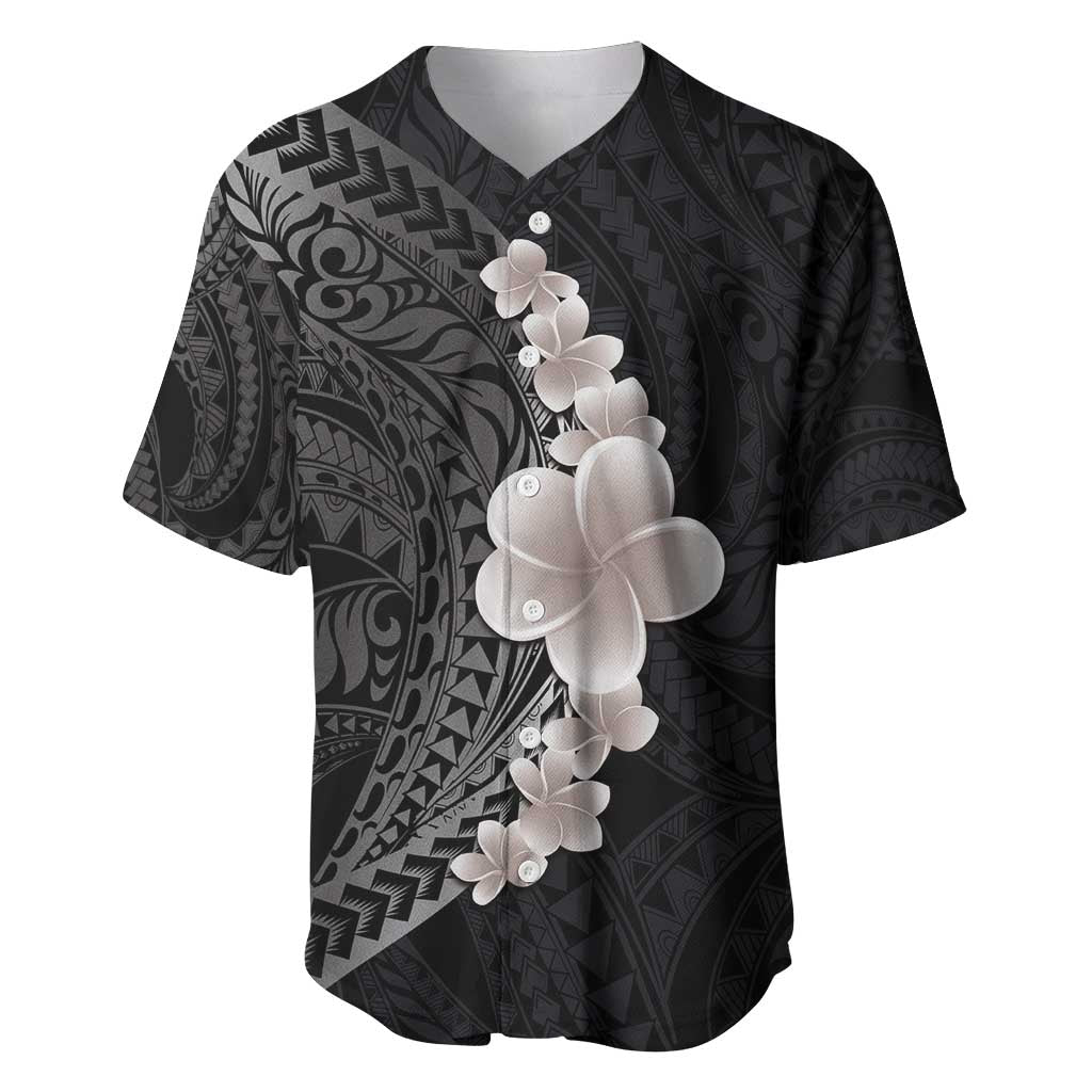 Hawaiian Tropical Plumeria Art Polynesian Tattoo Baseball Jersey Grayscale Color LT03 Black - Polynesian Pride
