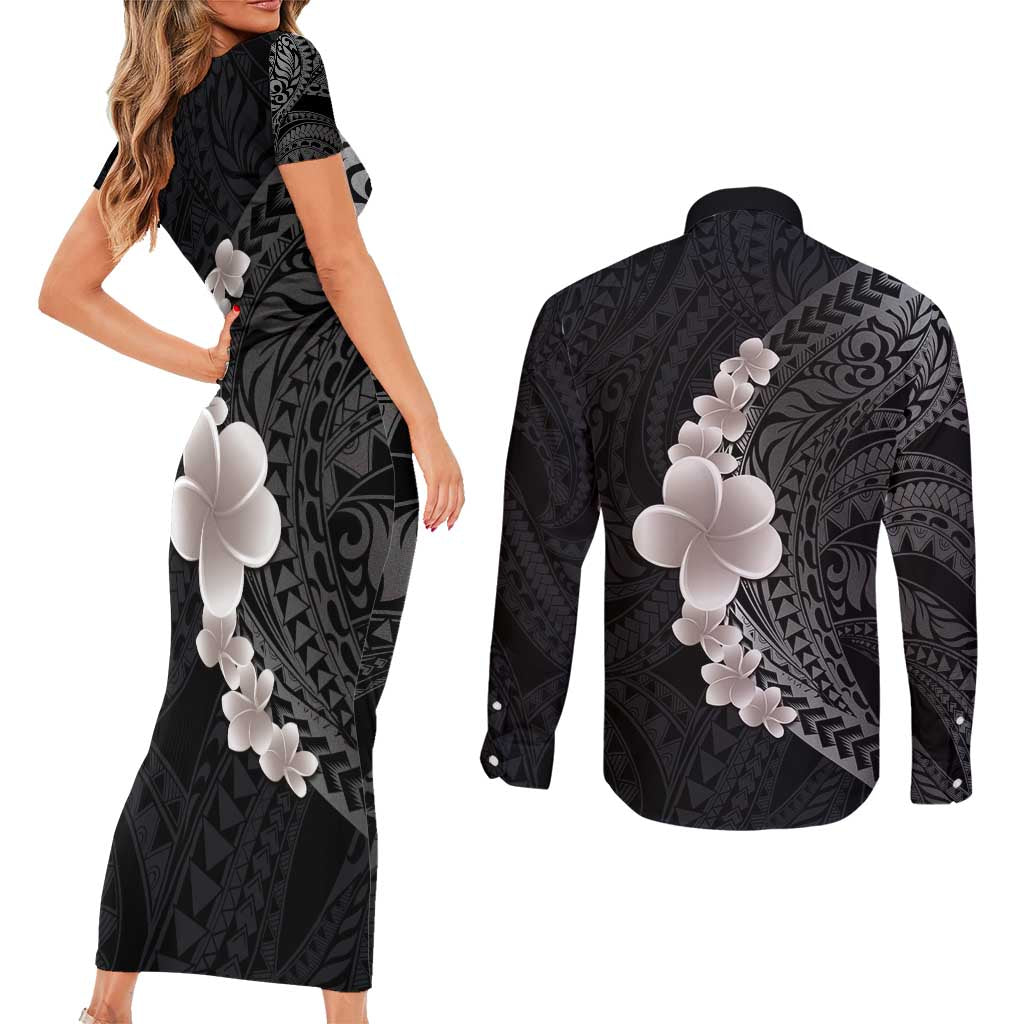 Hawaiian Tropical Plumeria Art Polynesian Tattoo Couples Matching Short Sleeve Bodycon Dress and Long Sleeve Button Shirt Grayscale Color