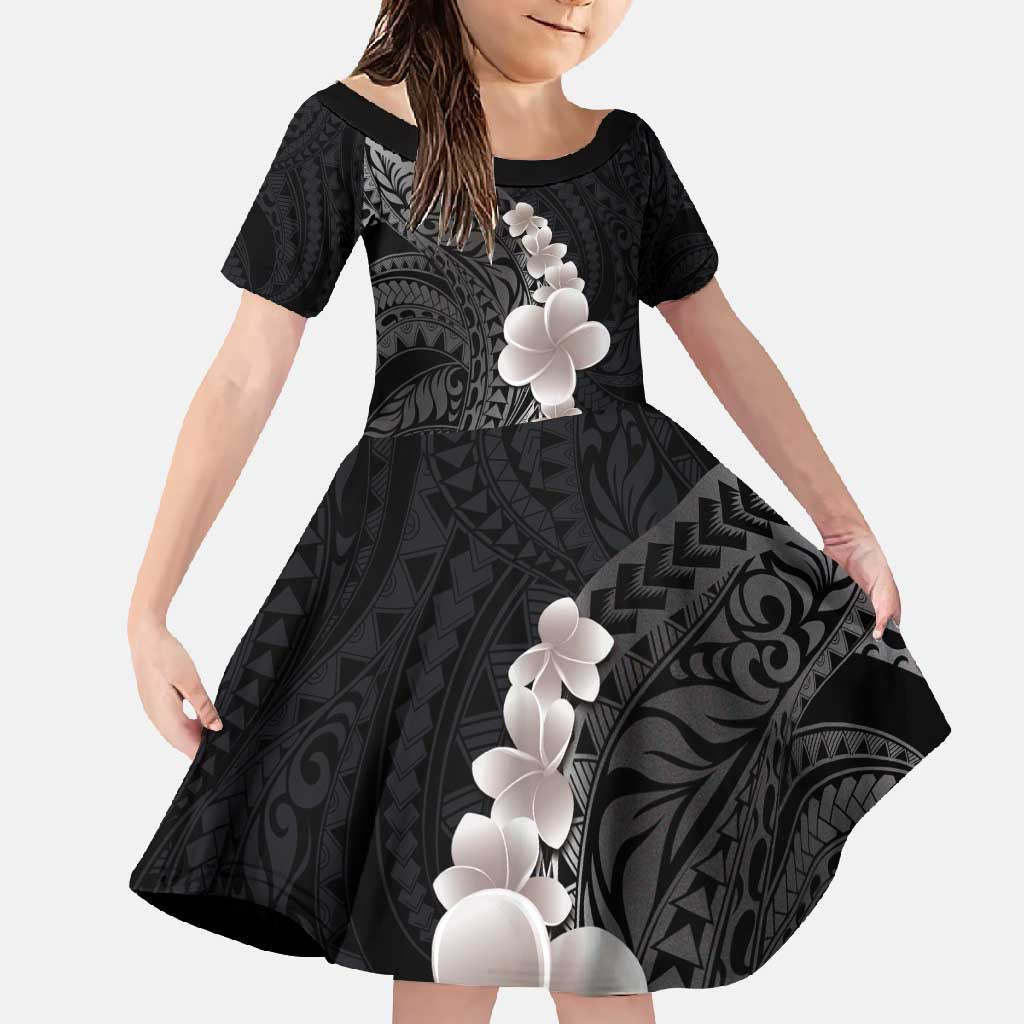 Hawaiian Tropical Plumeria Art Polynesian Tattoo Family Matching Off Shoulder Maxi Dress and Hawaiian Shirt Grayscale Color