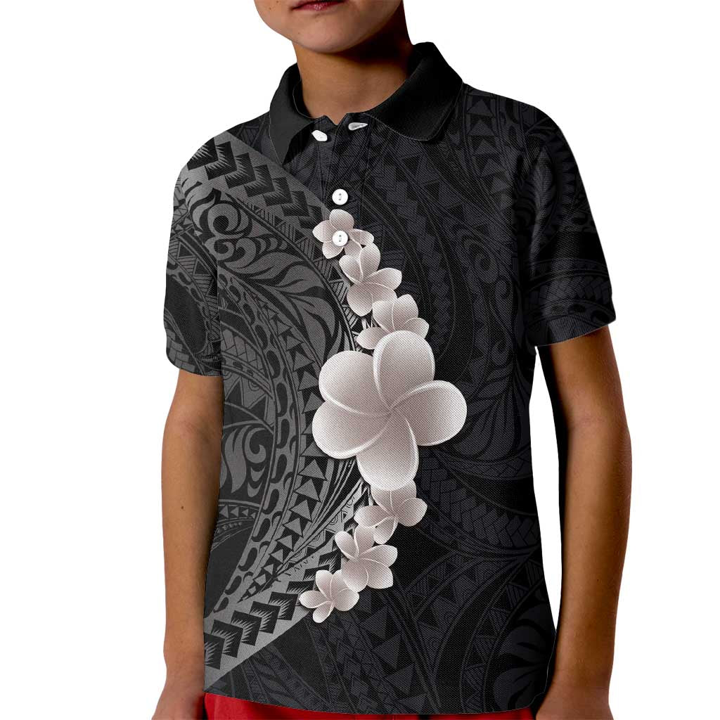Hawaiian Tropical Plumeria Art Polynesian Tattoo Kid Polo Shirt Grayscale Color LT03 Kid Black - Polynesian Pride