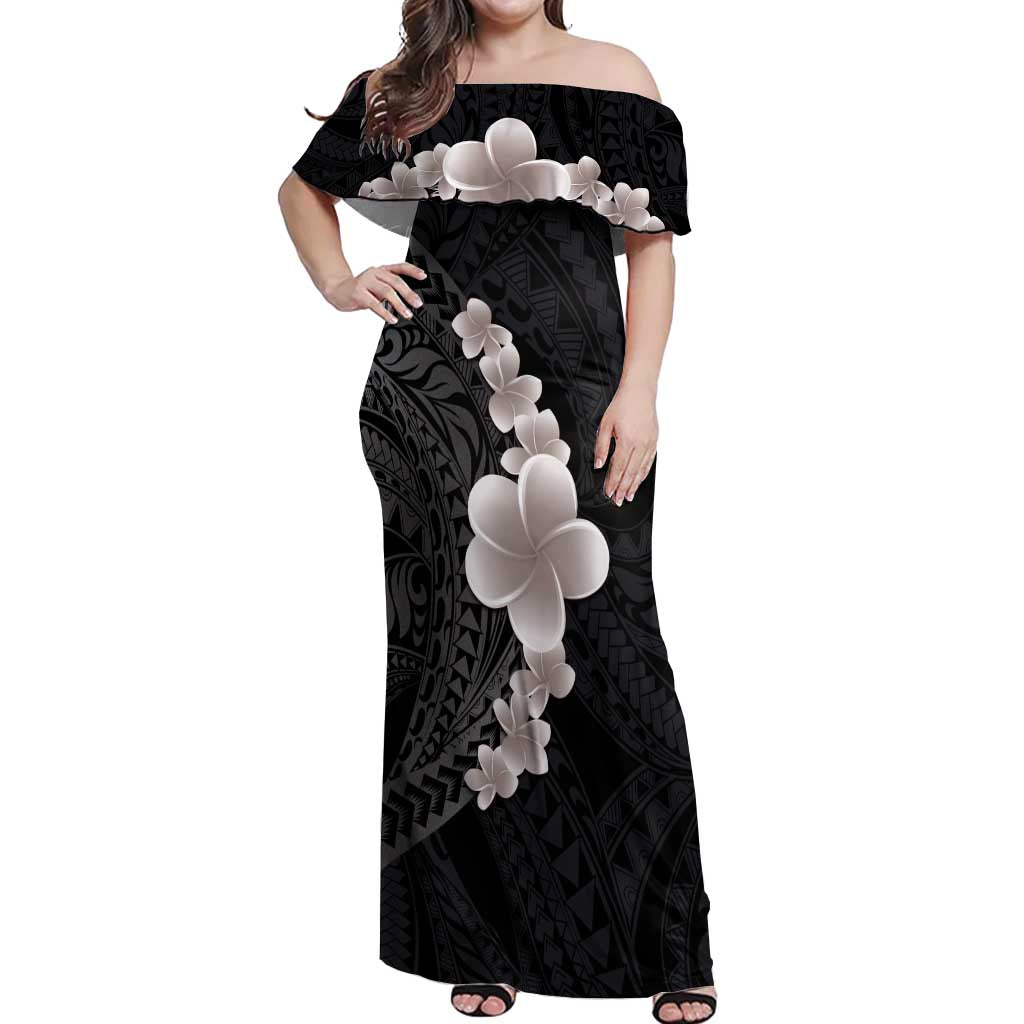 Hawaiian Tropical Plumeria Art Polynesian Tattoo Off Shoulder Maxi Dress Grayscale Color LT03 Women Black - Polynesian Pride