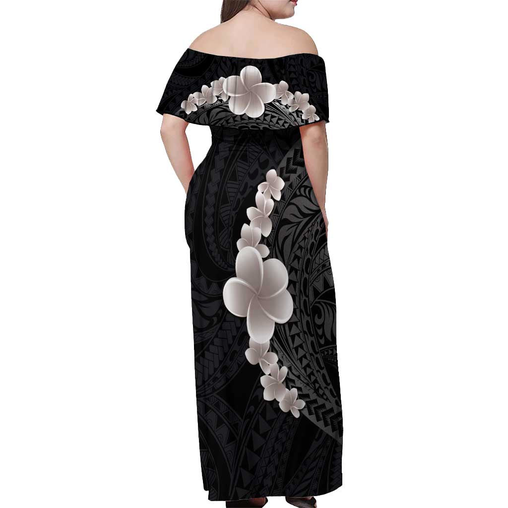 Hawaiian Tropical Plumeria Art Polynesian Tattoo Off Shoulder Maxi Dress Grayscale Color LT03 - Polynesian Pride