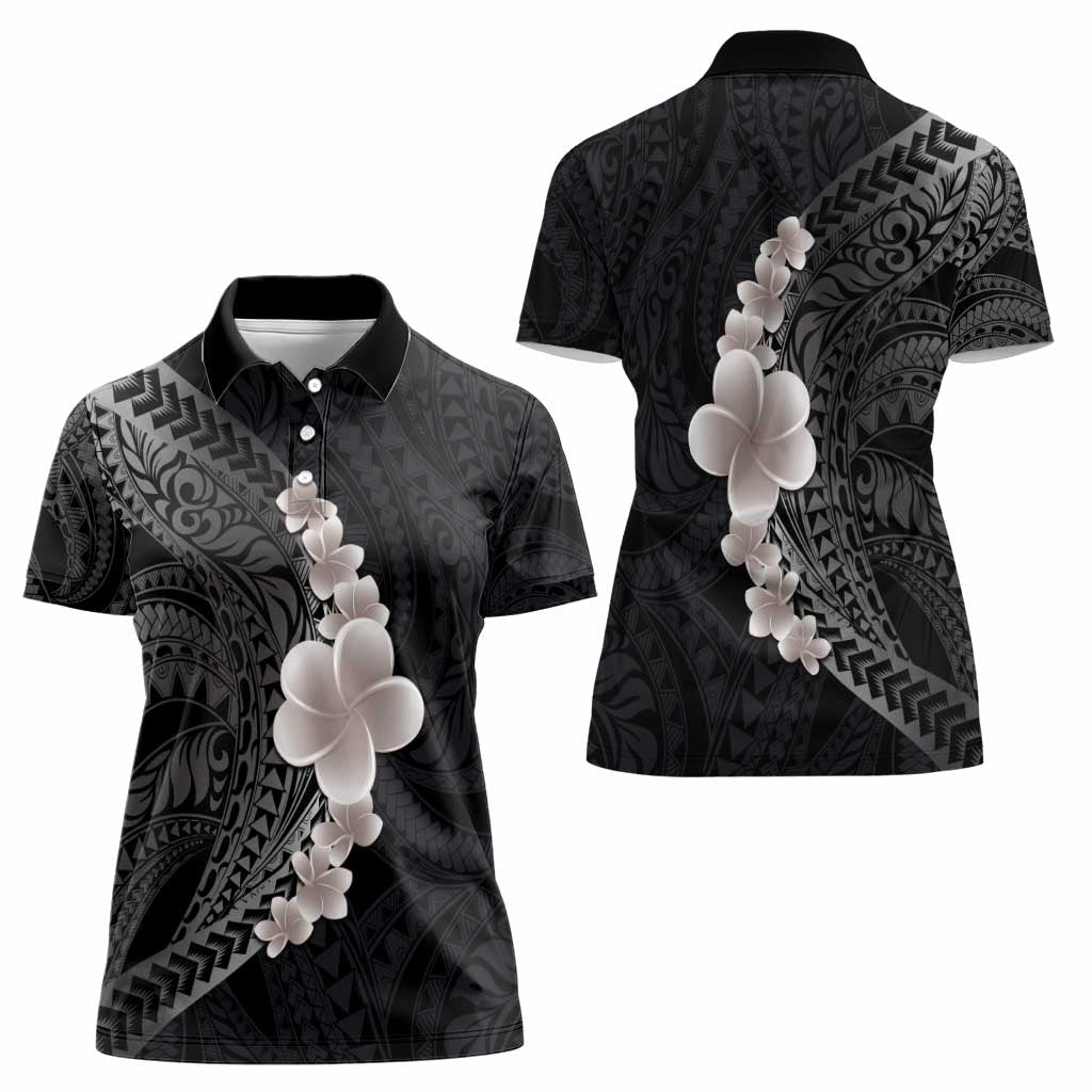 Hawaiian Tropical Plumeria Art Polynesian Tattoo Women Polo Shirt Grayscale Color