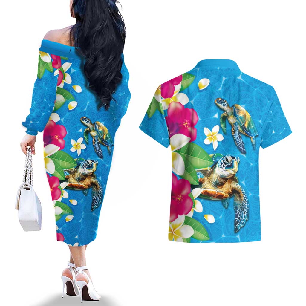 Hawaiian Tropical Flower and Honu Under Blue Water Couples Matching Off The Shoulder Long Sleeve Dress and Hawaiian Shirt