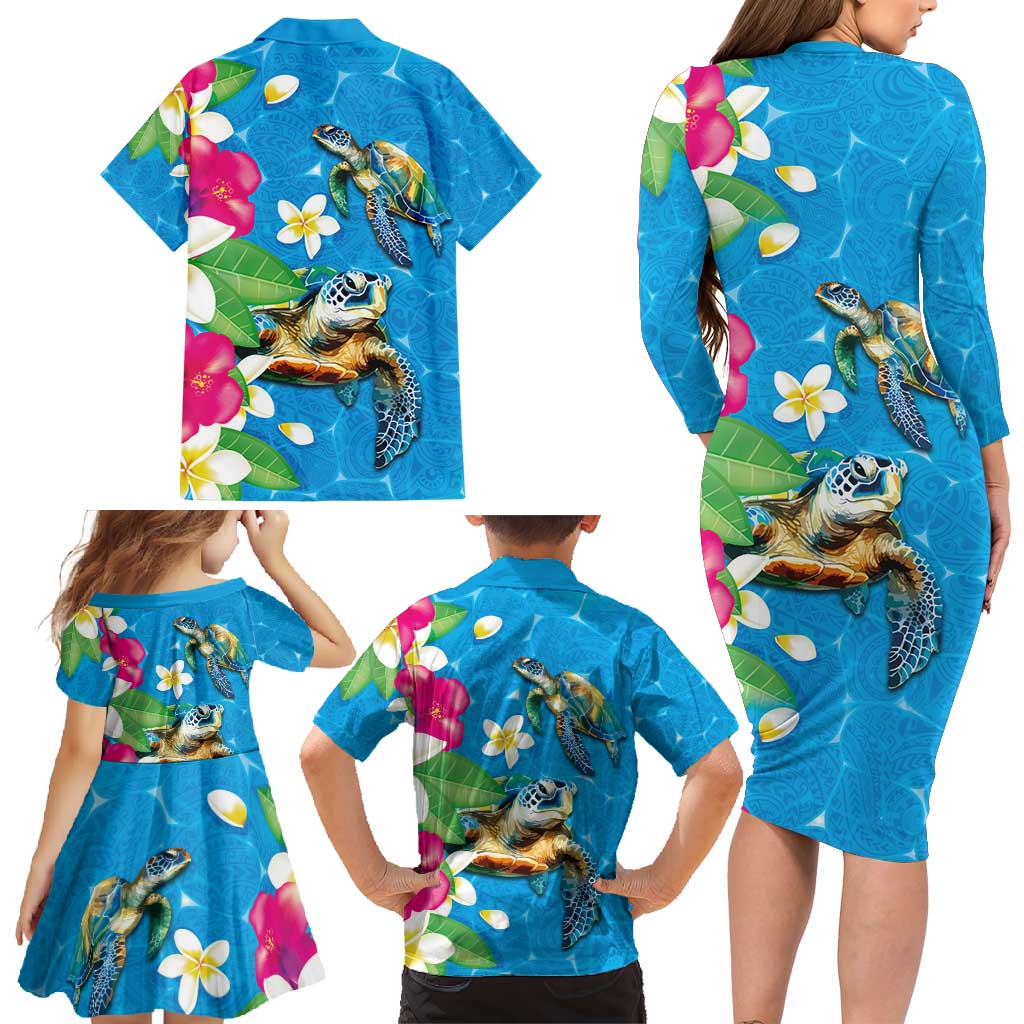 Hawaiian Tropical Flower and Honu Under Blue Water Family Matching Long Sleeve Bodycon Dress and Hawaiian Shirt