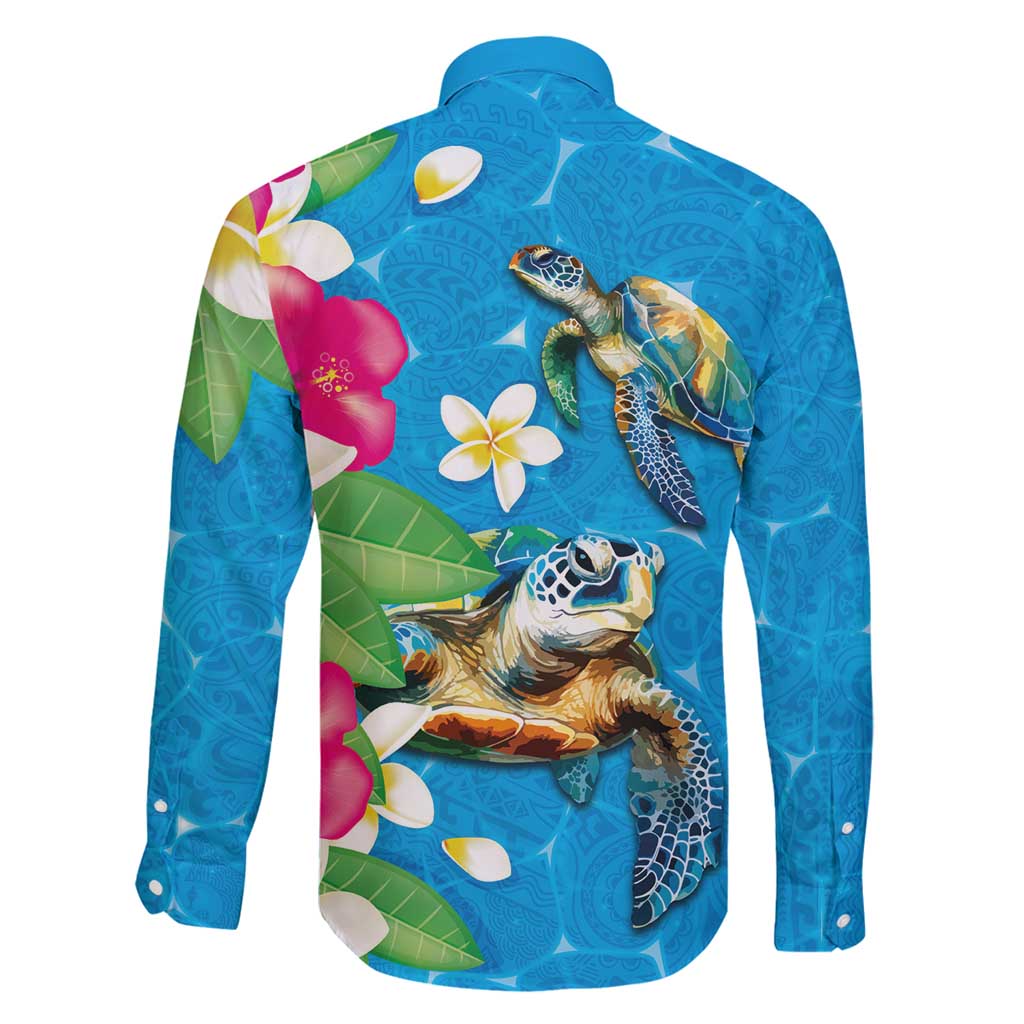 Hawaiian Tropical Flower and Honu Under Blue Water Family Matching Mermaid Dress and Hawaiian Shirt