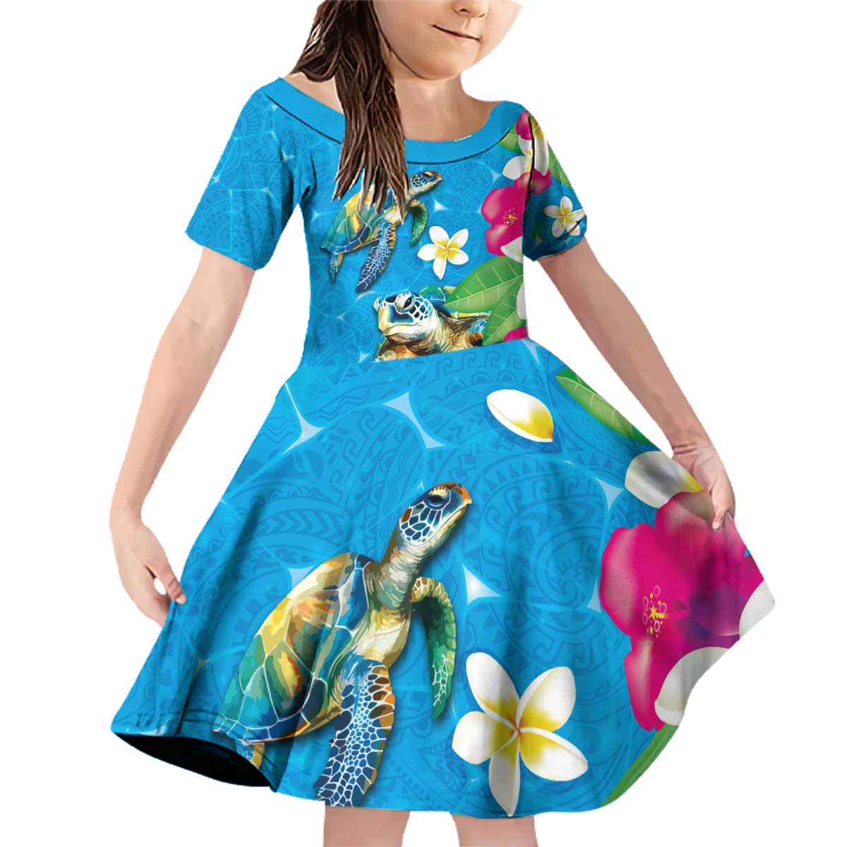 Hawaiian Tropical Flower and Honu Under Blue Water Family Matching Off Shoulder Short Dress and Hawaiian Shirt