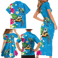 Hawaiian Tropical Flower and Honu Under Blue Water Family Matching Short Sleeve Bodycon Dress and Hawaiian Shirt