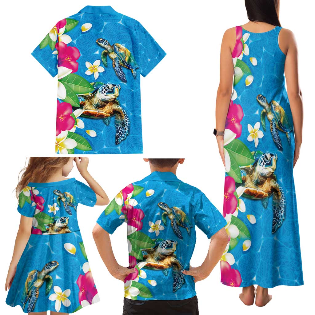 Hawaiian Tropical Flower and Honu Under Blue Water Family Matching Tank Maxi Dress and Hawaiian Shirt