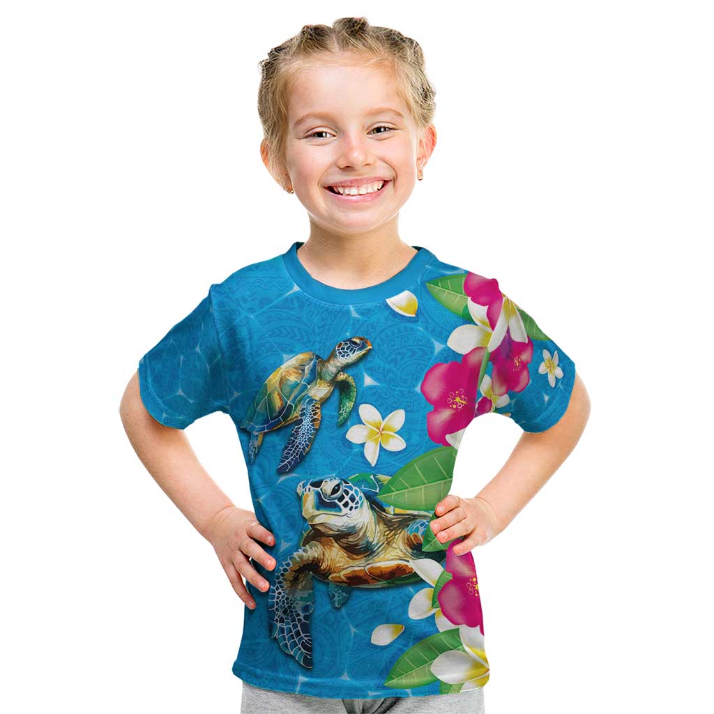 Hawaiian Tropical Flower and Honu Under Blue Water Kid T Shirt LT03 Blue - Polynesian Pride