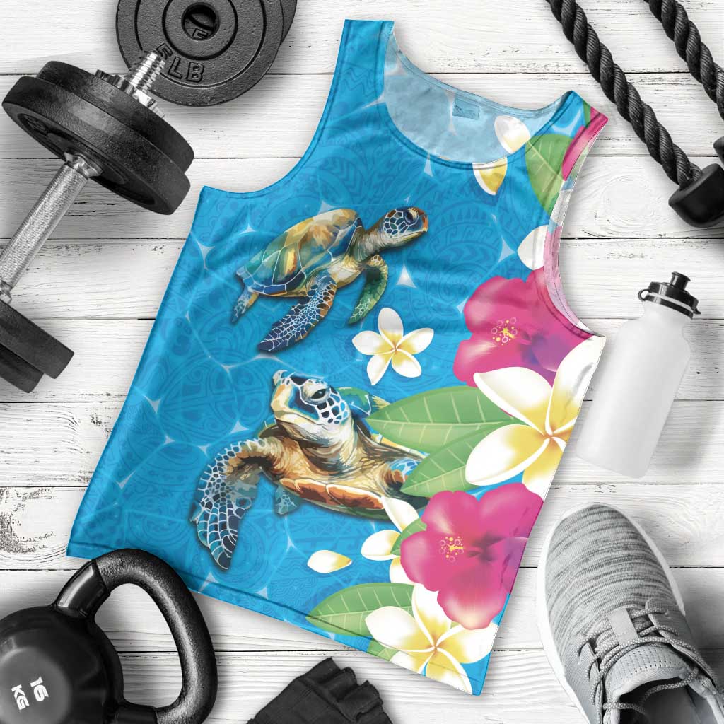 Hawaiian Tropical Flower and Honu Under Blue Water Men Tank Top