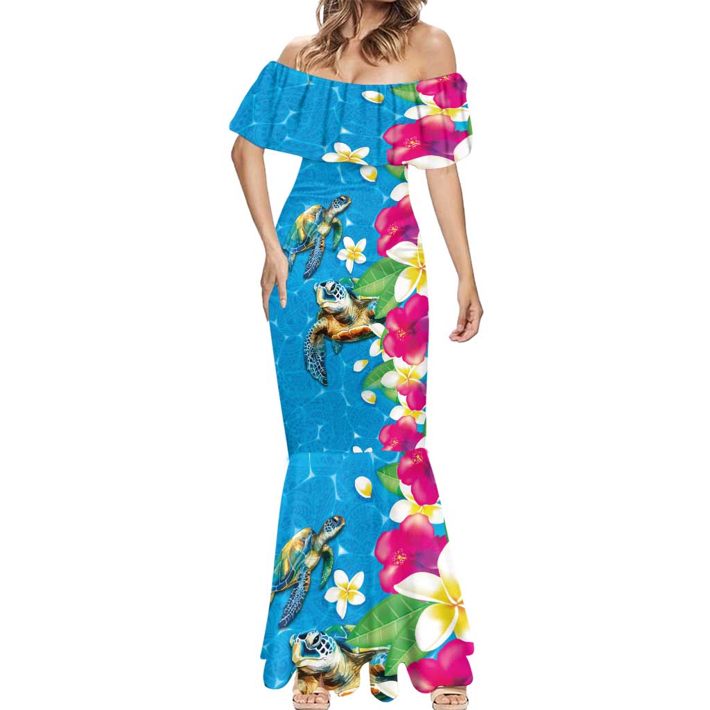 Hawaiian Tropical Flower and Honu Under Blue Water Mermaid Dress