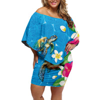 Hawaiian Tropical Flower and Honu Under Blue Water Off Shoulder Short Dress LT03 Women Blue - Polynesian Pride