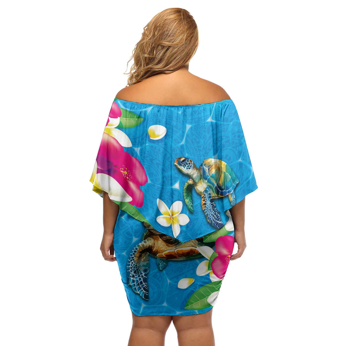 Hawaiian Tropical Flower and Honu Under Blue Water Off Shoulder Short Dress LT03 - Polynesian Pride
