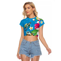 Hawaiian Tropical Flower and Honu Under Blue Water Raglan Cropped T Shirt LT03 Female Blue - Polynesian Pride