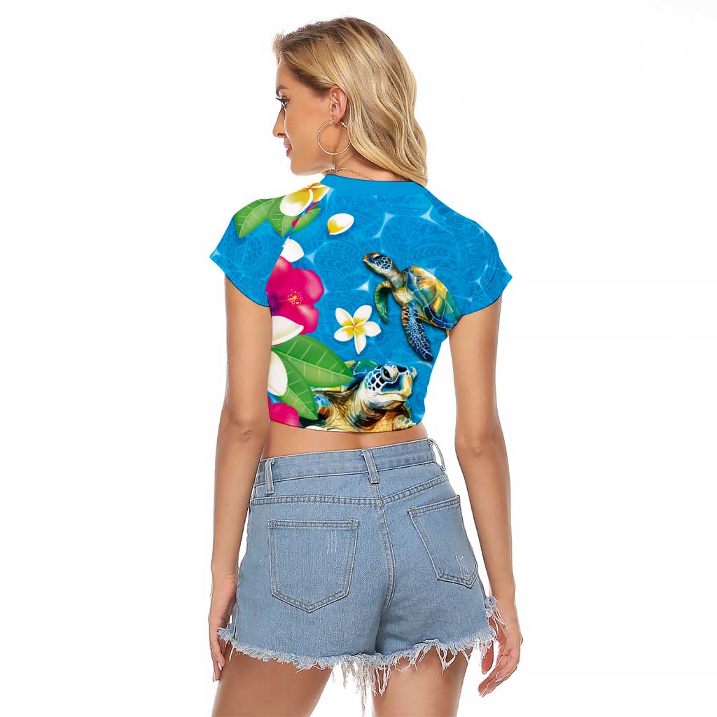 Hawaiian Tropical Flower and Honu Under Blue Water Raglan Cropped T Shirt LT03 - Polynesian Pride