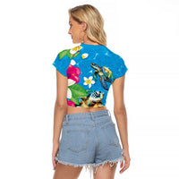 Hawaiian Tropical Flower and Honu Under Blue Water Raglan Cropped T Shirt LT03 - Polynesian Pride
