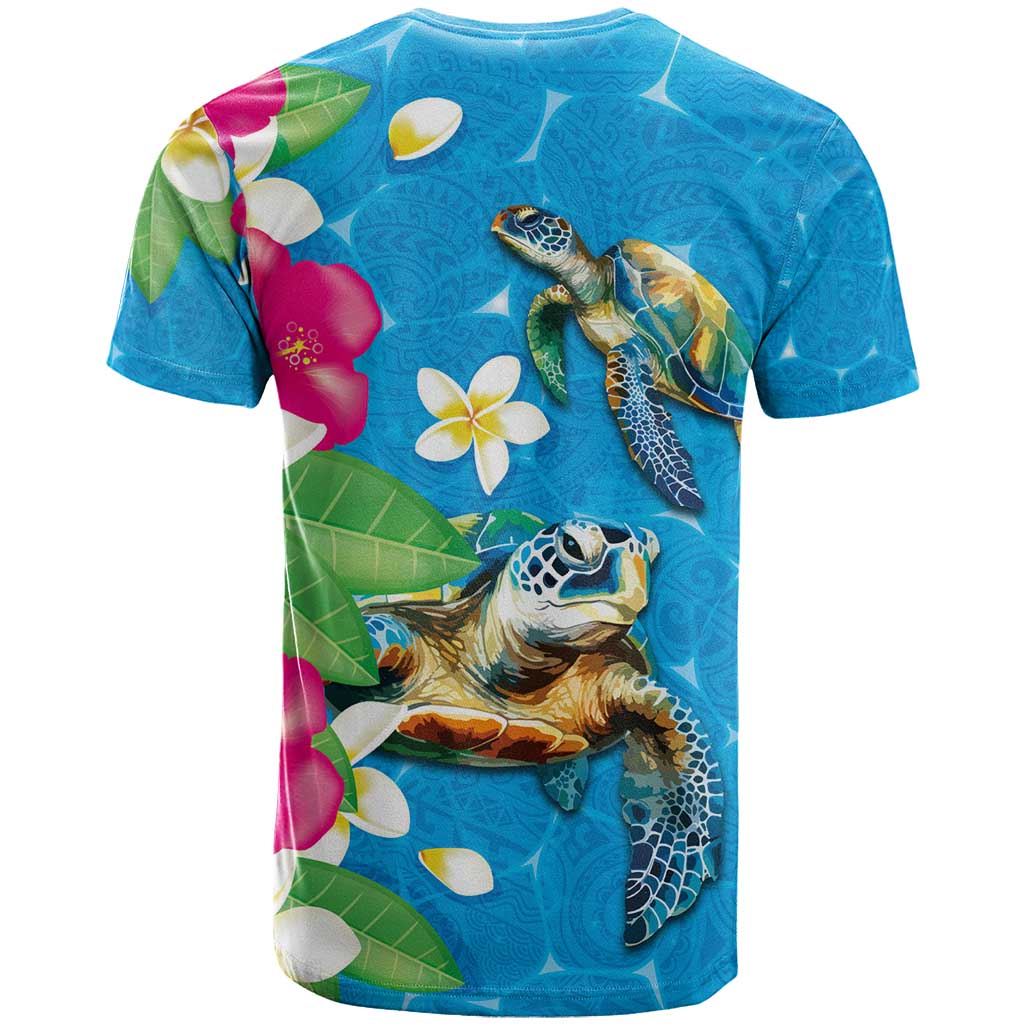 Hawaiian Tropical Flower and Honu Under Blue Water T Shirt