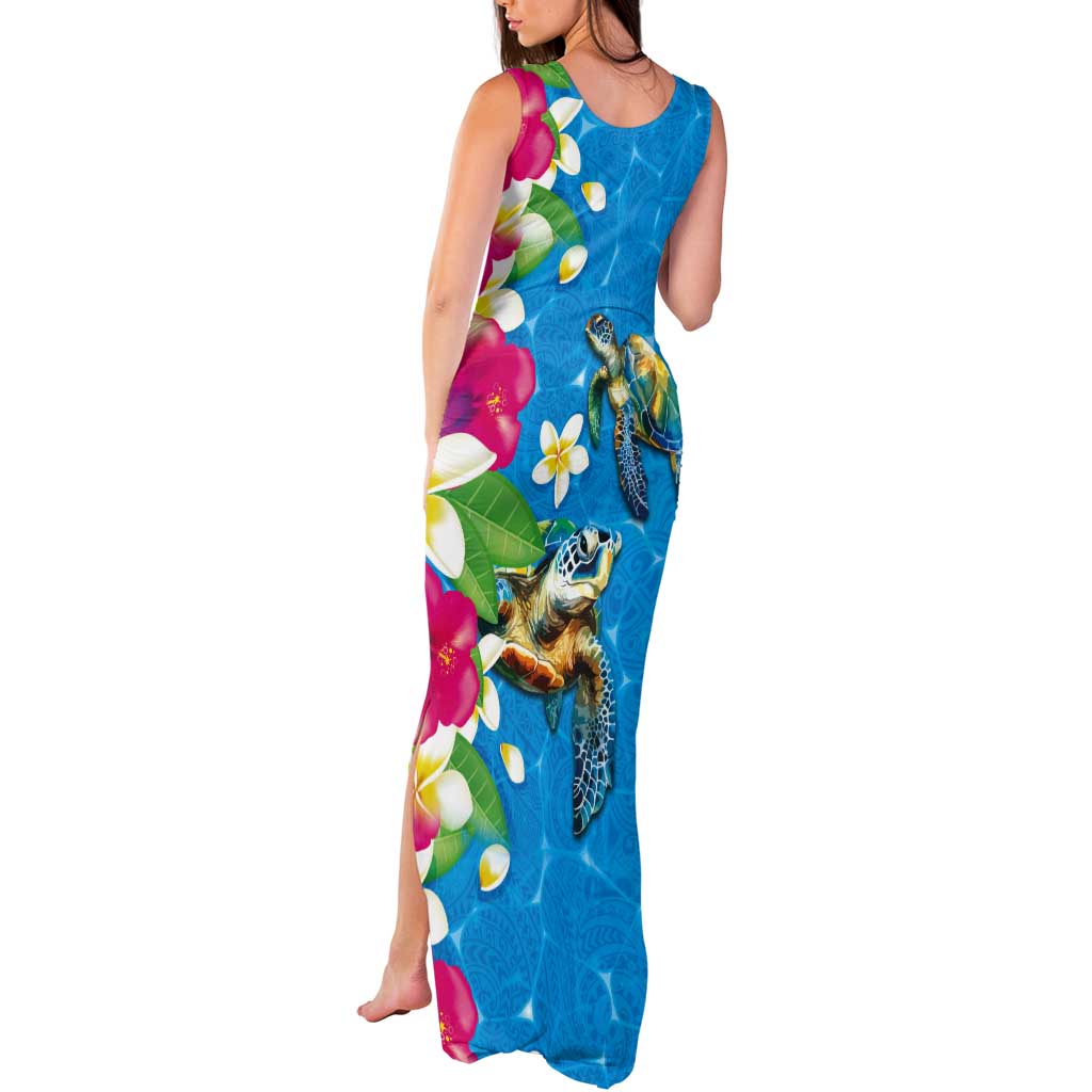 Hawaiian Tropical Flower and Honu Under Blue Water Tank Maxi Dress