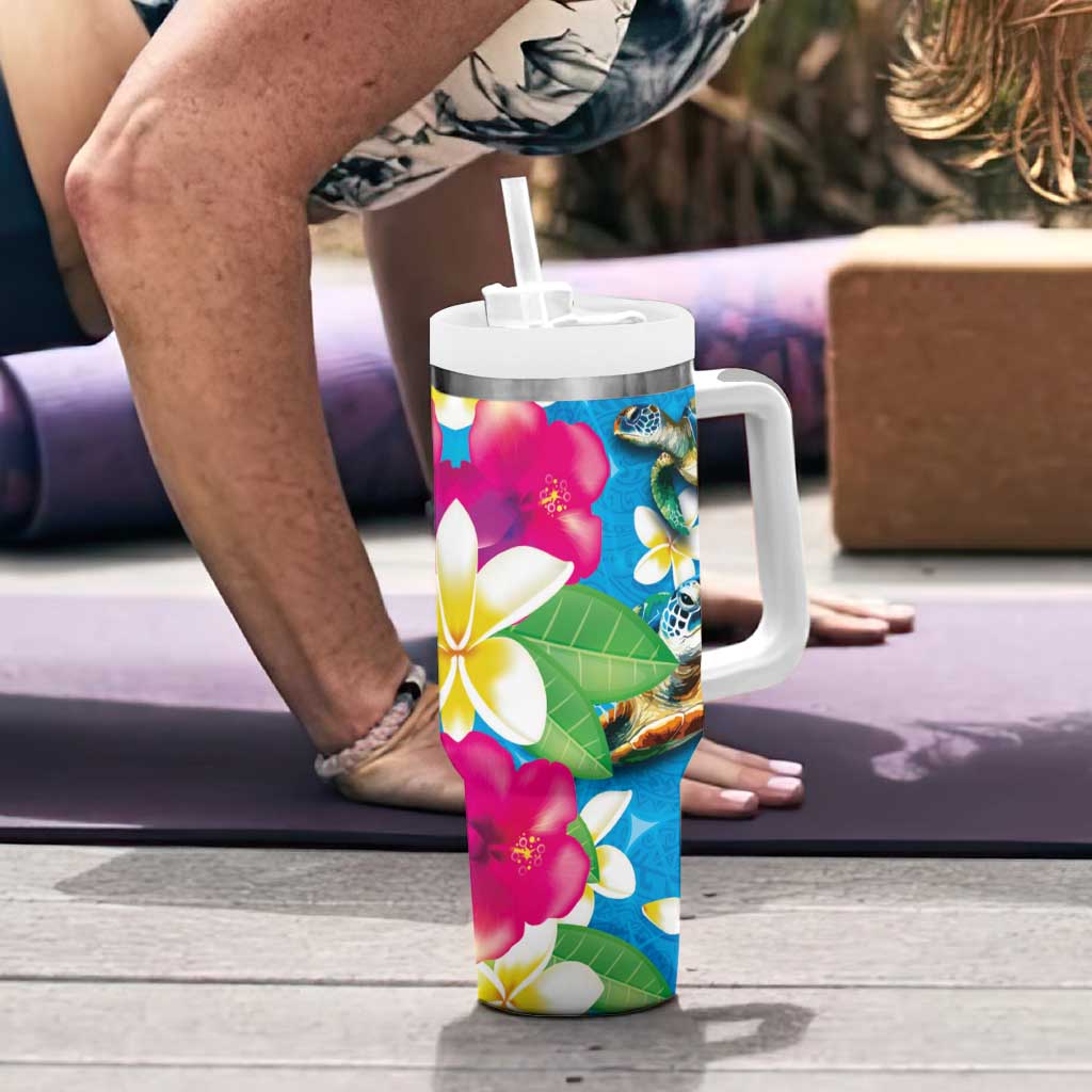 Hawaiian Tropical Flower and Honu Under Blue Water Tumbler With Handle