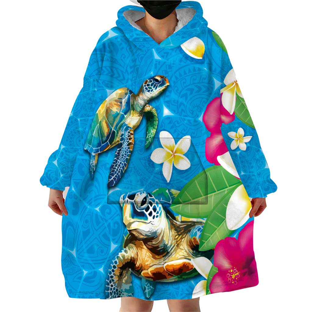 Hawaiian Tropical Flower and Honu Under Blue Water Wearable Blanket Hoodie