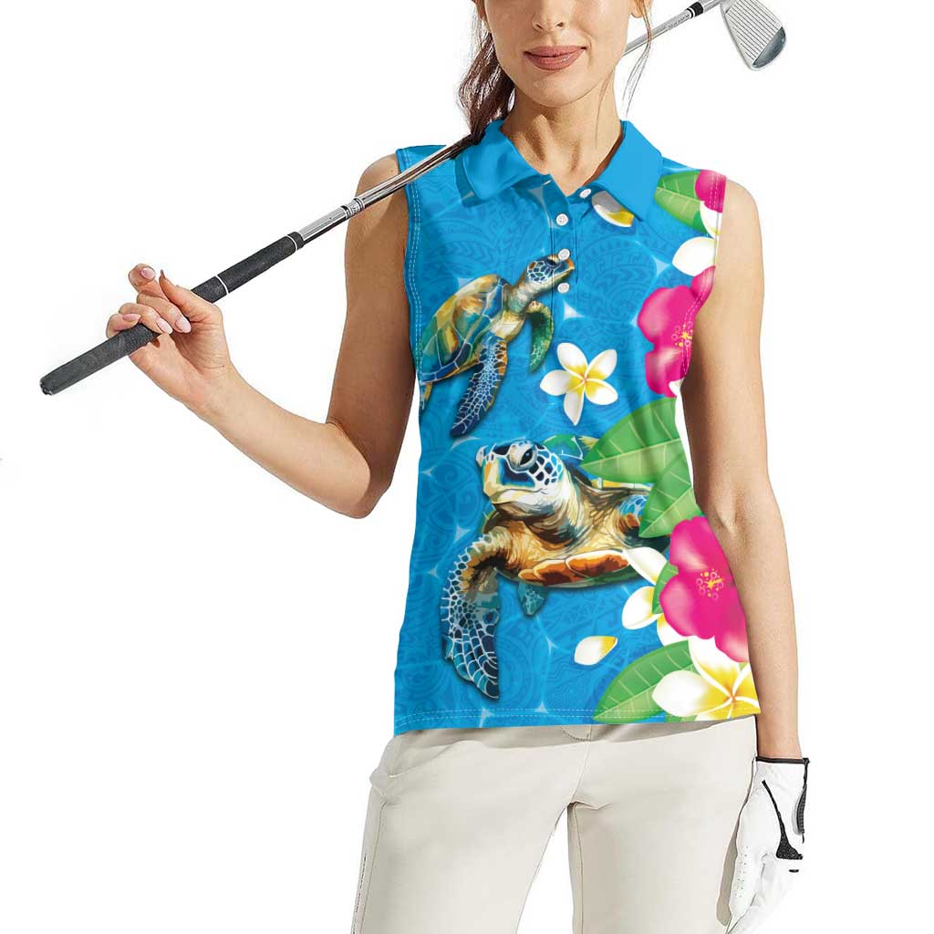 Hawaiian Tropical Flower and Honu Under Blue Water Women Sleeveless Polo Shirt LT03 - Polynesian Pride