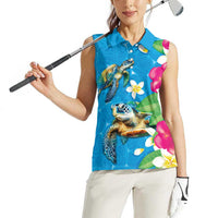 Hawaiian Tropical Flower and Honu Under Blue Water Women Sleeveless Polo Shirt LT03 - Polynesian Pride