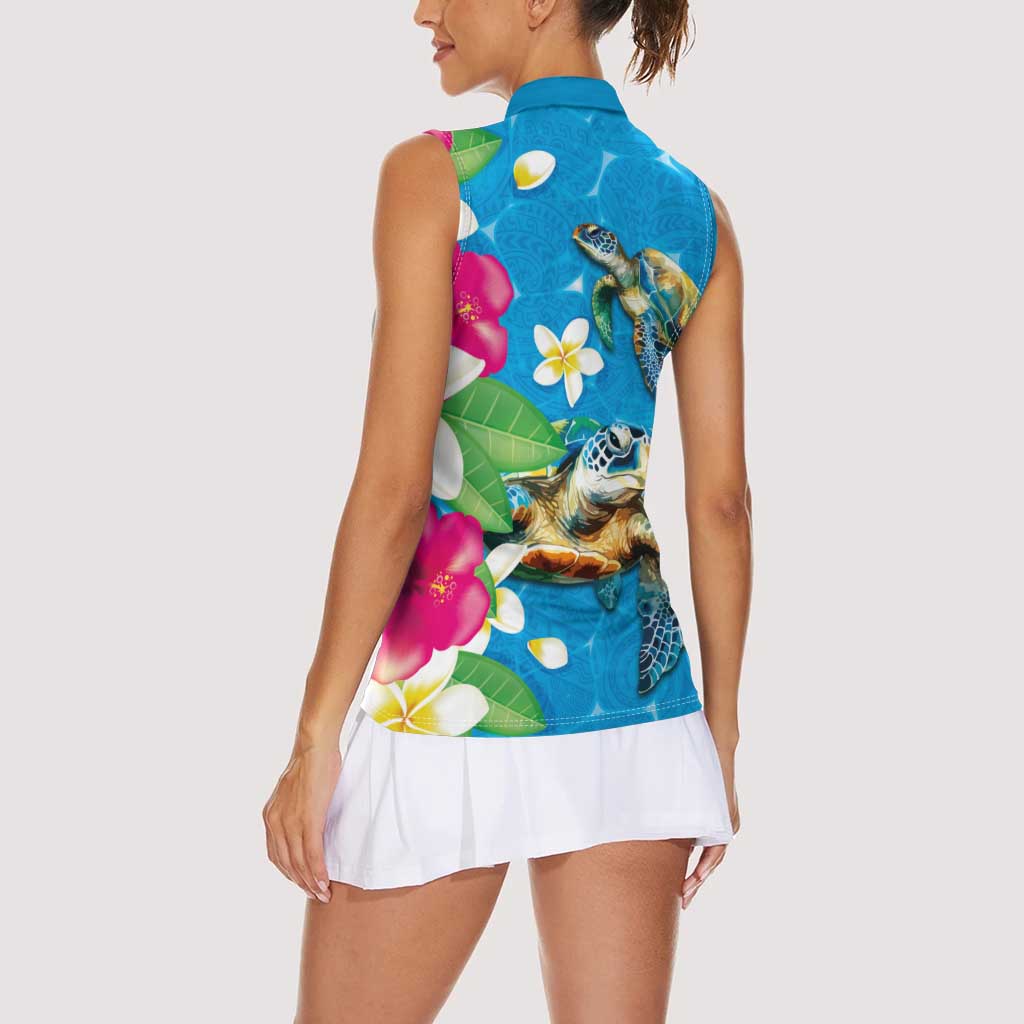 Hawaiian Tropical Flower and Honu Under Blue Water Women Sleeveless Polo Shirt LT03 - Polynesian Pride