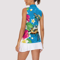 Hawaiian Tropical Flower and Honu Under Blue Water Women Sleeveless Polo Shirt LT03 - Polynesian Pride