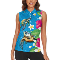 Hawaiian Tropical Flower and Honu Under Blue Water Women Sleeveless Polo Shirt LT03 - Polynesian Pride
